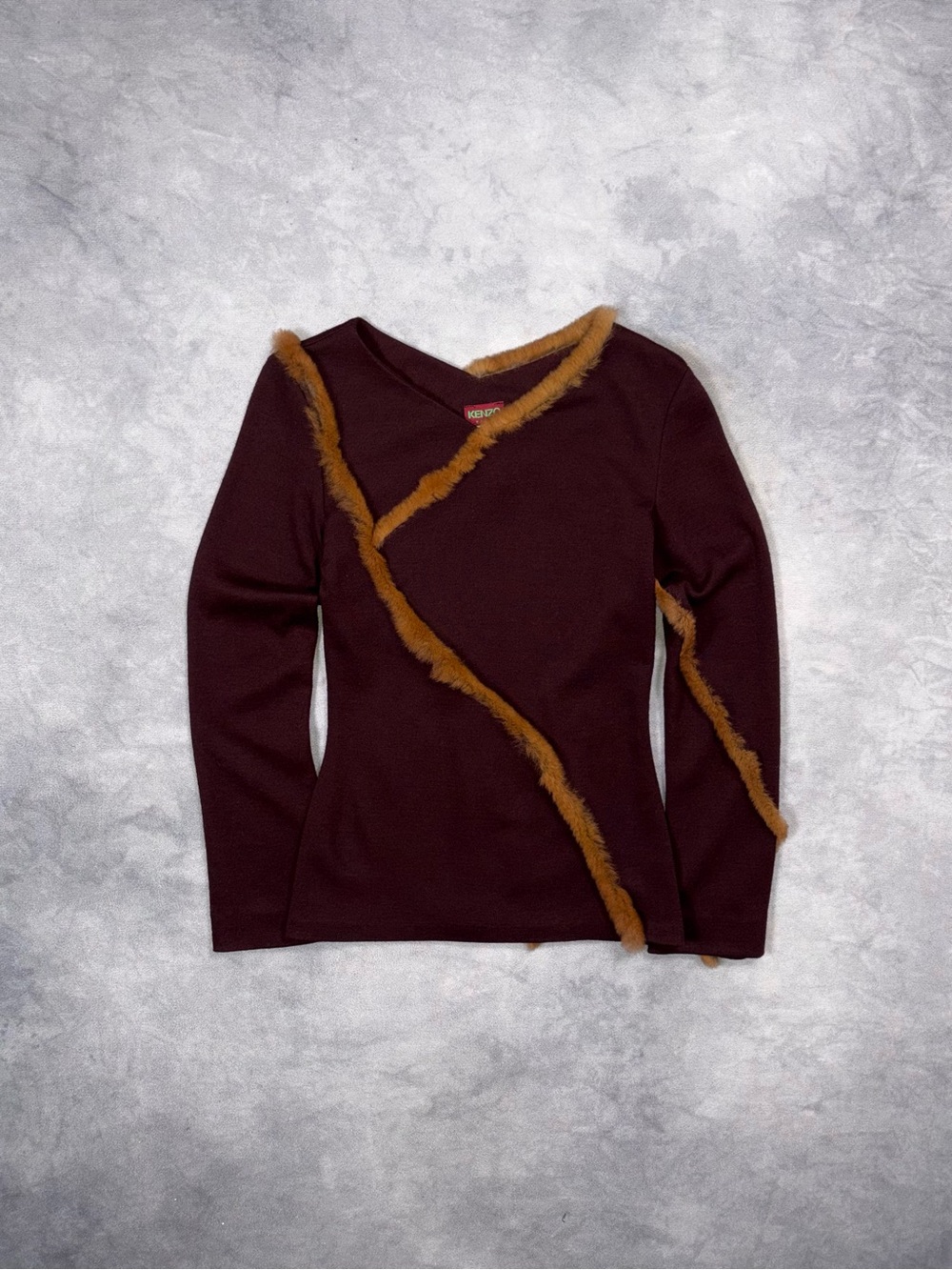 Vintage Kenzo Paris 2000s Burgundy Brown Wool Blend Fur Trim Y2K Long Sleeve Top